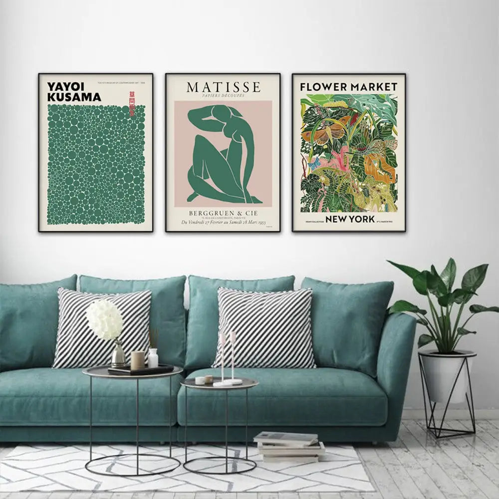 Wall Art 90cmx135cm Flower Market Matisse Print Yayoi Kusama 3 Sets Black Frame Canvas - Home & Garden > Wall Art