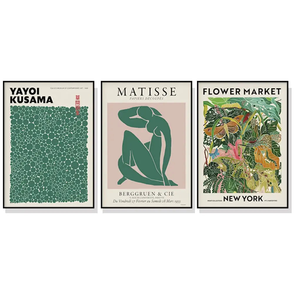 Wall Art 90cmx135cm Flower Market Matisse Print Yayoi Kusama 3 Sets Black Frame Canvas - Home & Garden > Wall Art