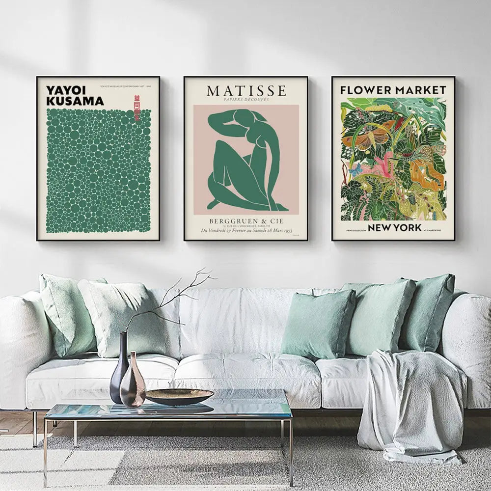 Wall Art 90cmx135cm Flower Market Matisse Print Yayoi Kusama 3 Sets Black Frame Canvas - Home & Garden > Wall Art