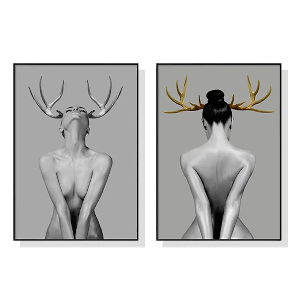 Wall Art 90cmx135cm Girl With Gold Horn 2 Sets Black Frame Canvas - Home & Garden > Wall Art