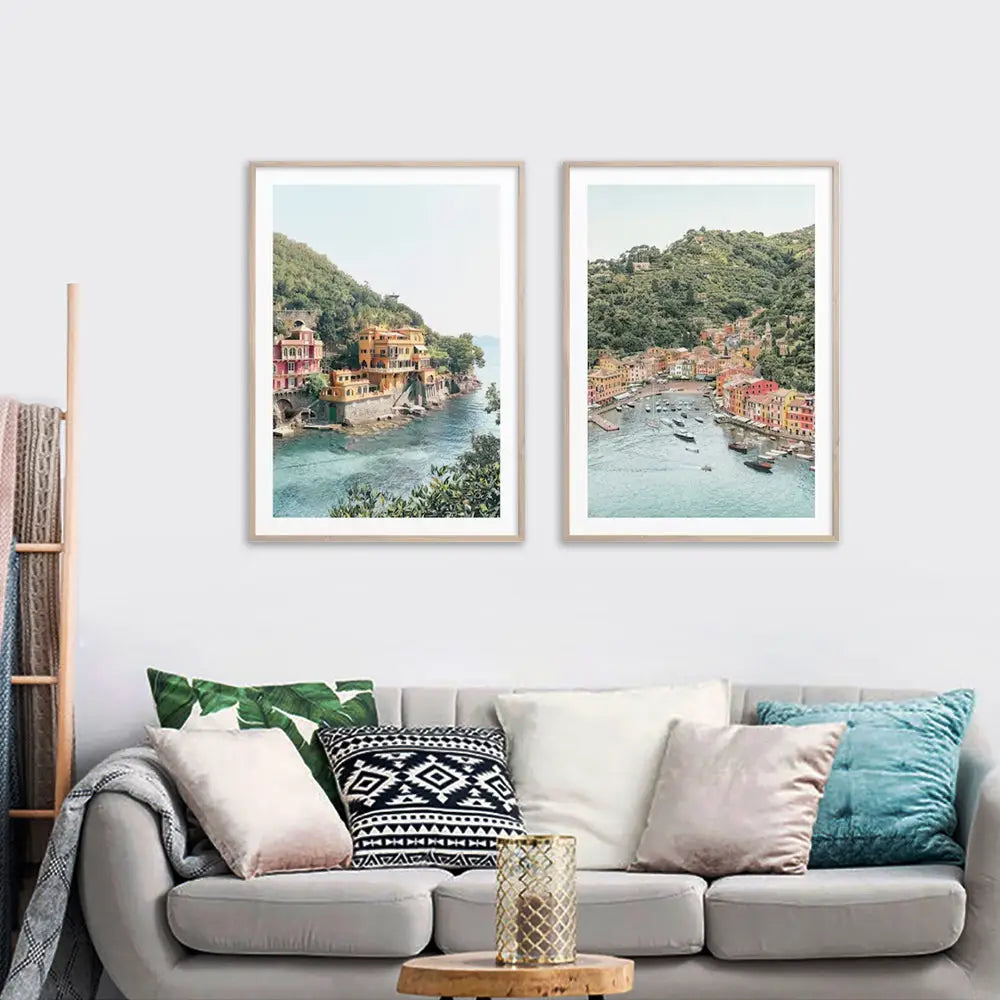 Wall Art 90cmx135cm Italy Coast 2 Sets Wood Frame Canvas - Home & Garden > Wall Art