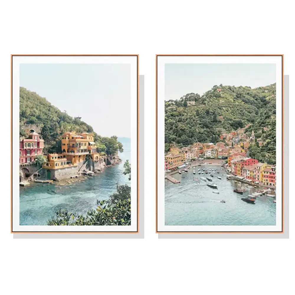 Wall Art 90cmx135cm Italy Coast 2 Sets Wood Frame Canvas - Home & Garden > Wall Art