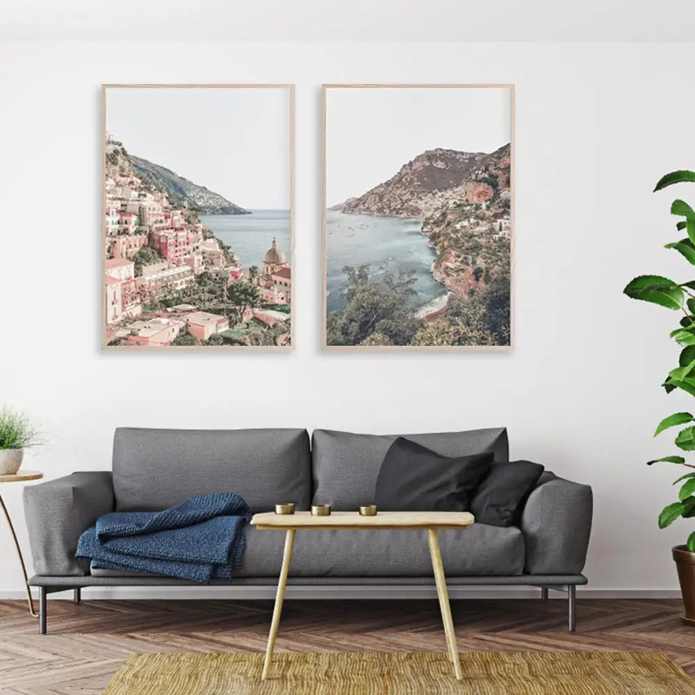 Wall Art 90cmx135cm Italy Positano 2 Sets Wood Frame Canvas - Home & Garden > Wall Art