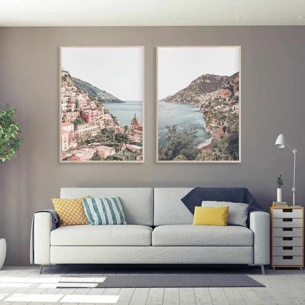 Wall Art 90cmx135cm Italy Positano 2 Sets Wood Frame Canvas - Home & Garden > Wall Art