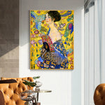 Wall Art 90cmx135cm Lady With A fan By Klimt Gold Frame Canvas - Home & Garden > Wall Art