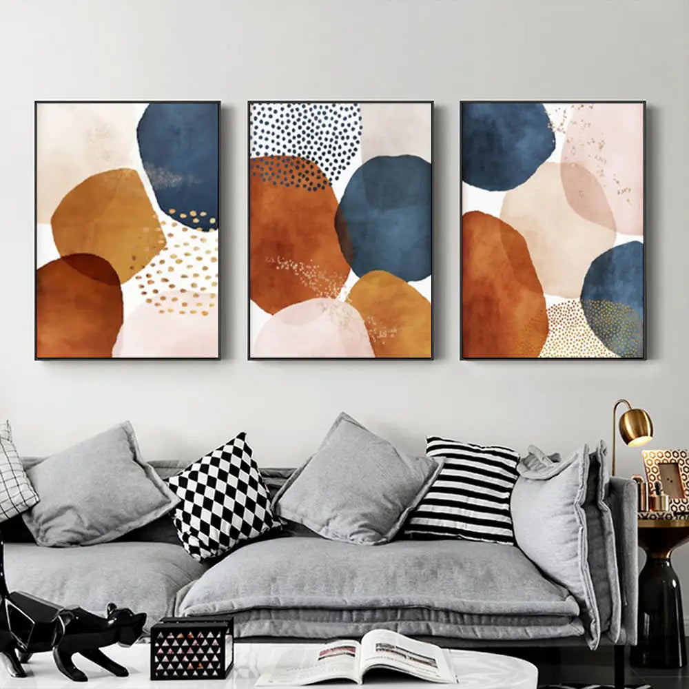 Wall Art 90cmx135cm Navy Pink Beige 3 Sets Black Frame Canvas - Home & Garden > Wall Art