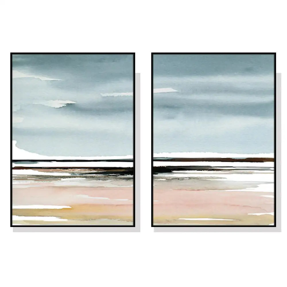 Wall Art 90cmx135cm Pink Beach Landscape 2 Sets Black Frame Canvas - Home & Garden > Wall Art