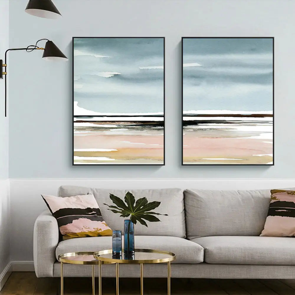 Wall Art 90cmx135cm Pink Beach Landscape 2 Sets Black Frame Canvas - Home & Garden > Wall Art