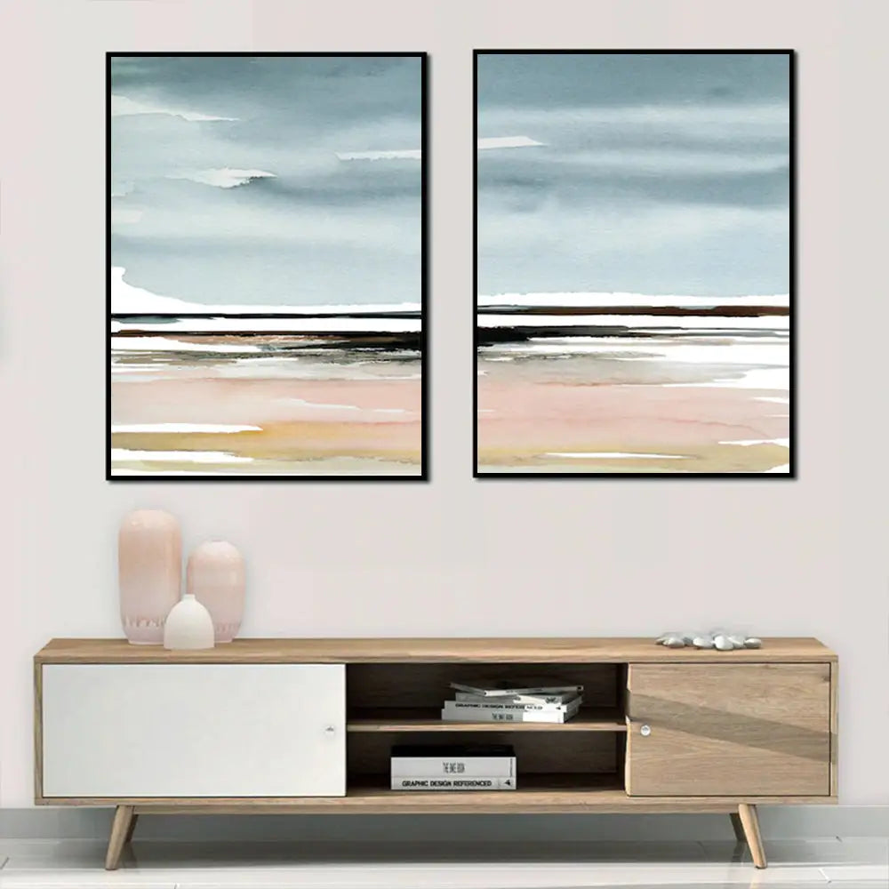 Wall Art 90cmx135cm Pink Beach Landscape 2 Sets Black Frame Canvas - Home & Garden > Wall Art