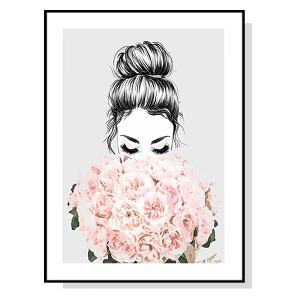 Wall Art 90cmx135cm Roses Girl Black Frame Canvas - Home & Garden > Wall Art