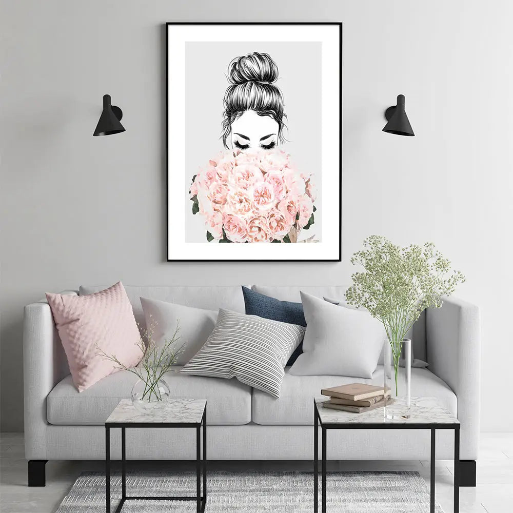 Wall Art 90cmx135cm Roses Girl Black Frame Canvas - Home & Garden > Wall Art