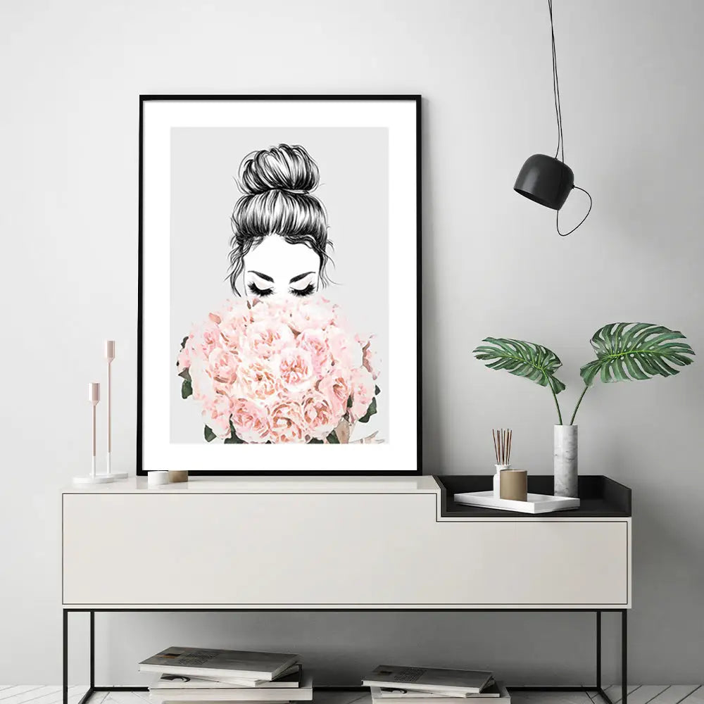 Wall Art 90cmx135cm Roses Girl Black Frame Canvas - Home & Garden > Wall Art