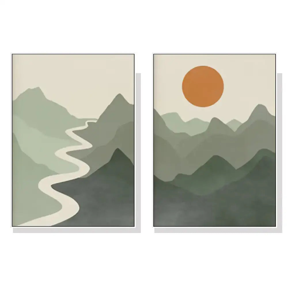 Wall Art 90cmx135cm Sage Green River Mountain 2 Sets White Frame Canvas - Home & Garden > Wall Art