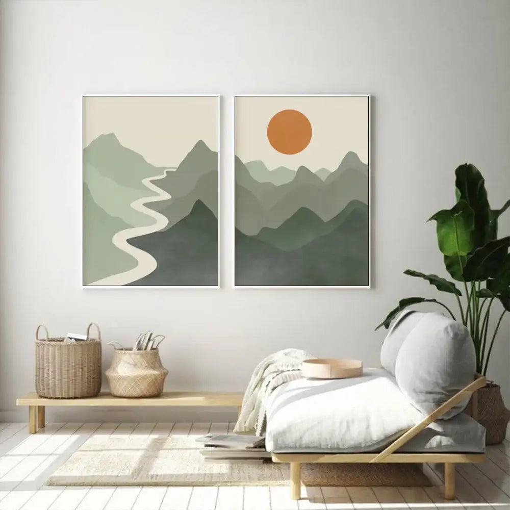 Wall Art 90cmx135cm Sage Green River Mountain 2 Sets White Frame Canvas - Home & Garden > Wall Art