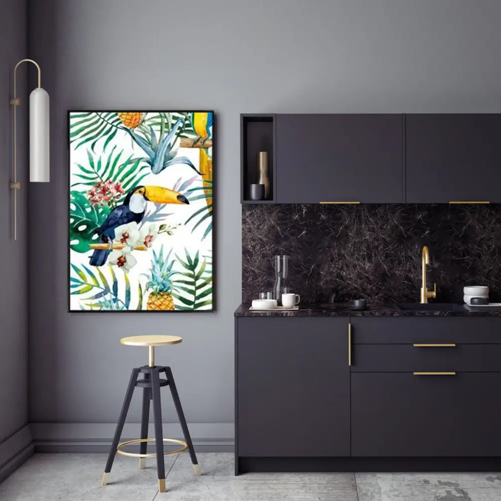 Wall Art 90cmx135cm Toucan plants Black Frame Canvas - Home & Garden > Wall Art