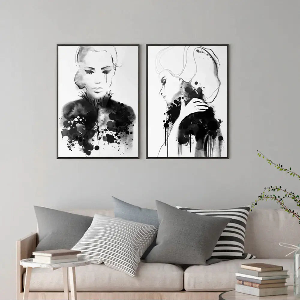 Wall Art 90cmx135cm Watercolor Sketch 2 Sets Black Frame Canvas - Home & Garden > Wall Art