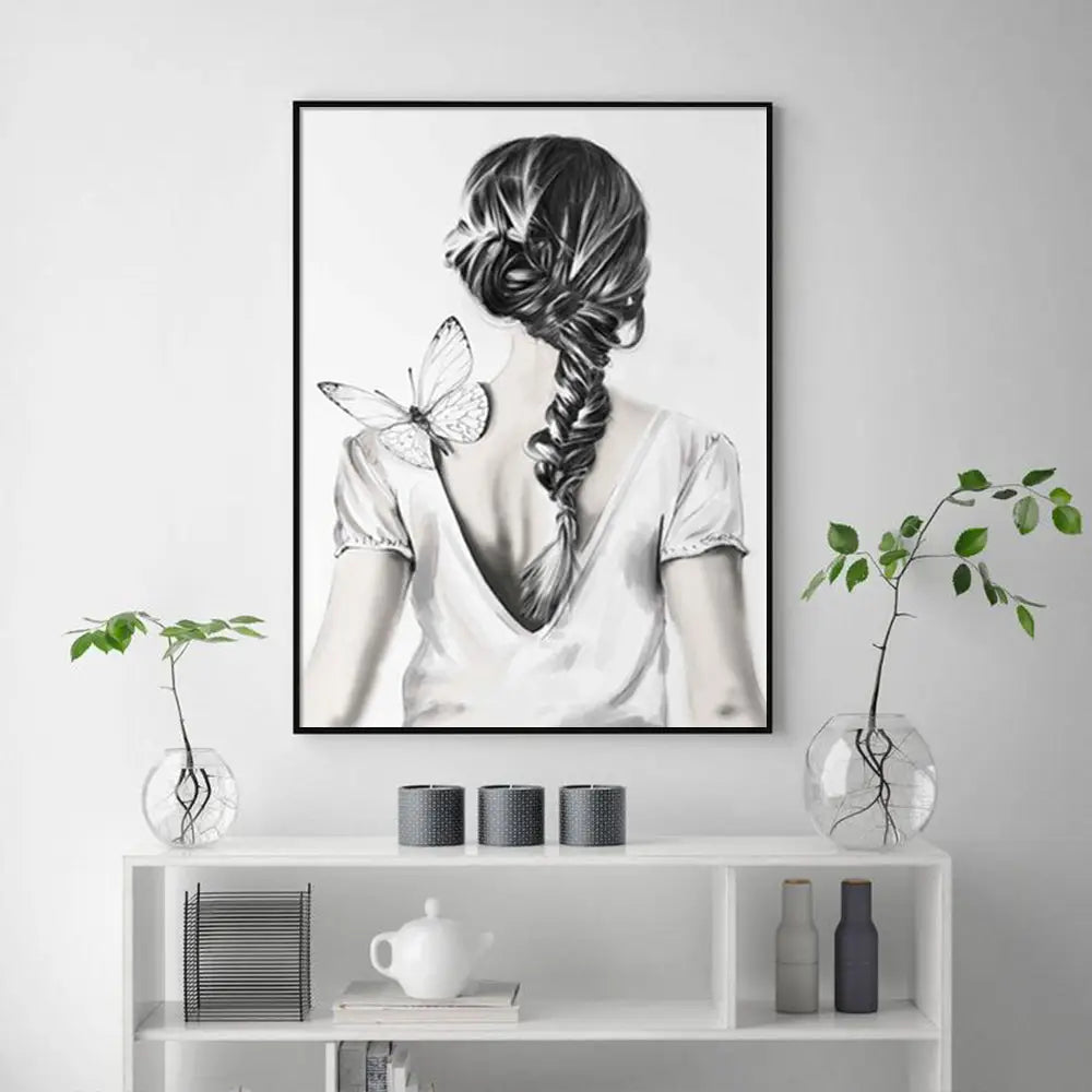 Wall Art 90cmx135cm Woman Back With Butterfly Black Frame Canvas - Home & Garden > Wall Art