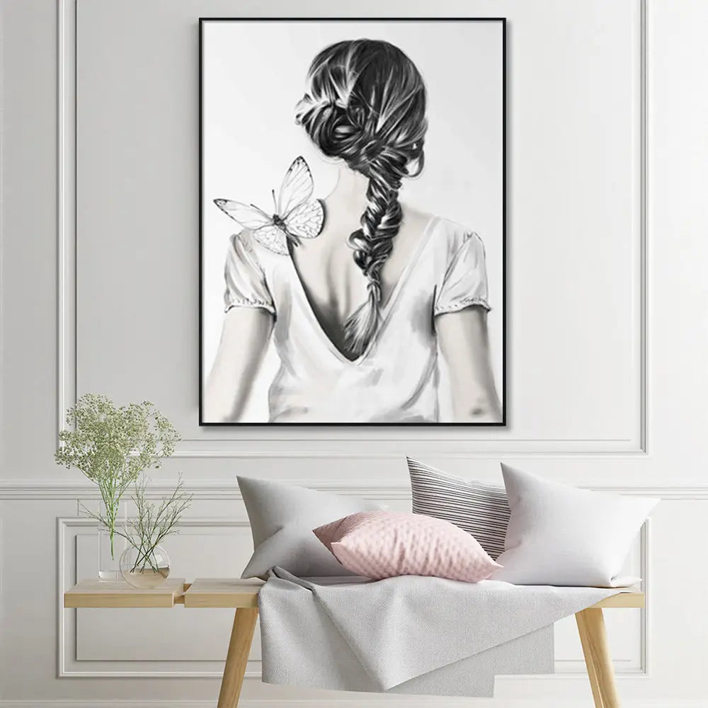 Wall Art 90cmx135cm Woman Back With Butterfly Black Frame Canvas - Home & Garden > Wall Art