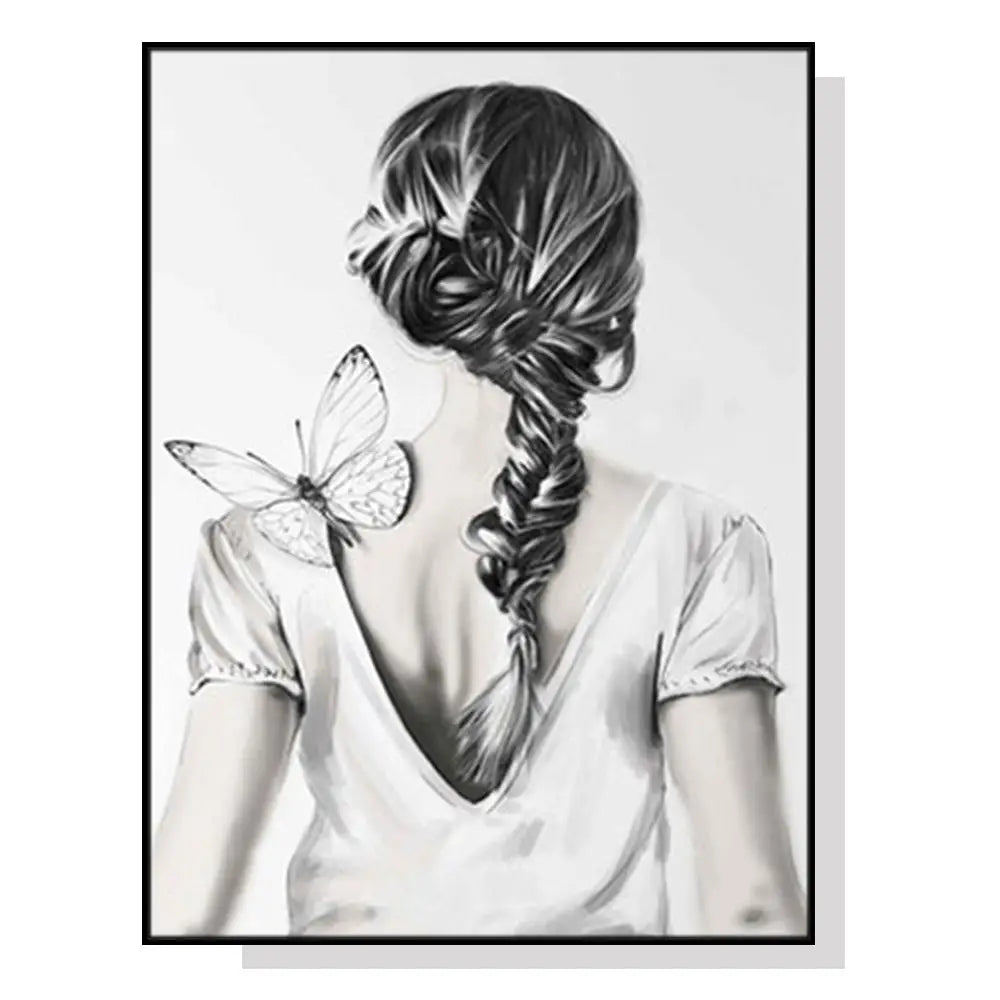 Wall Art 90cmx135cm Woman Back With Butterfly Black Frame Canvas - Home & Garden > Wall Art