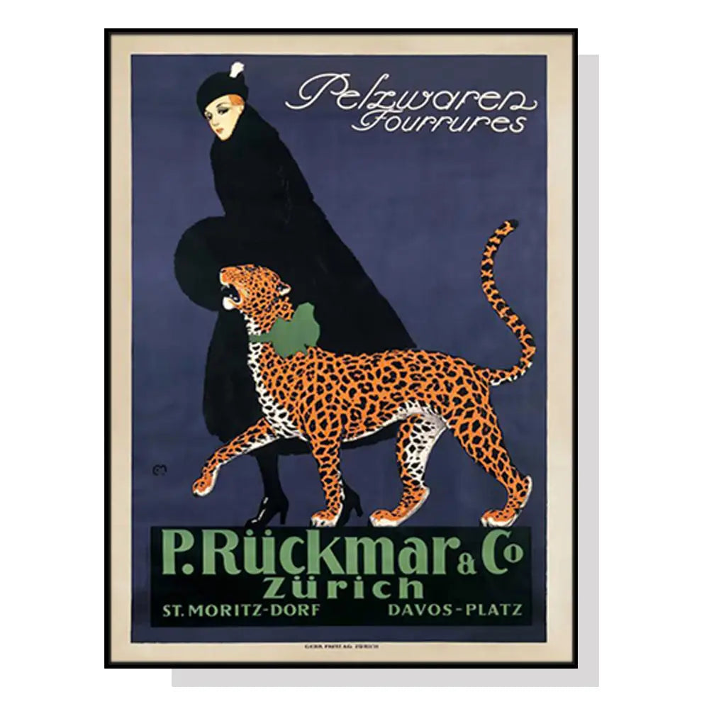 Wall Art 90cmx135cm Woman Walking Leopard Vintage Black Frame Canvas - Home & Garden > Wall Art