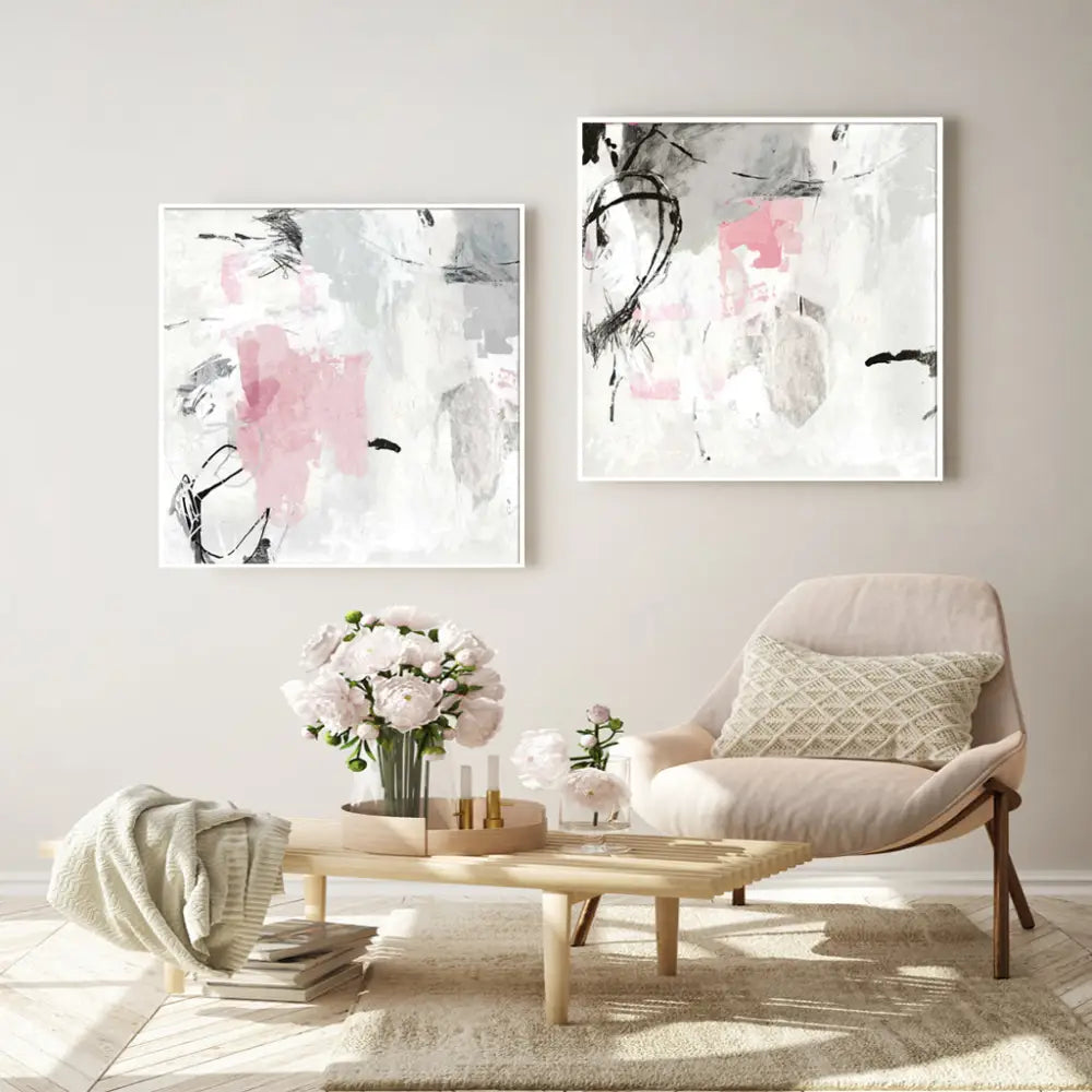 Wall Art 90cmx90cm Abstract Pink Grey 2 Sets White Frame Canvas - Home & Garden > Wall Art