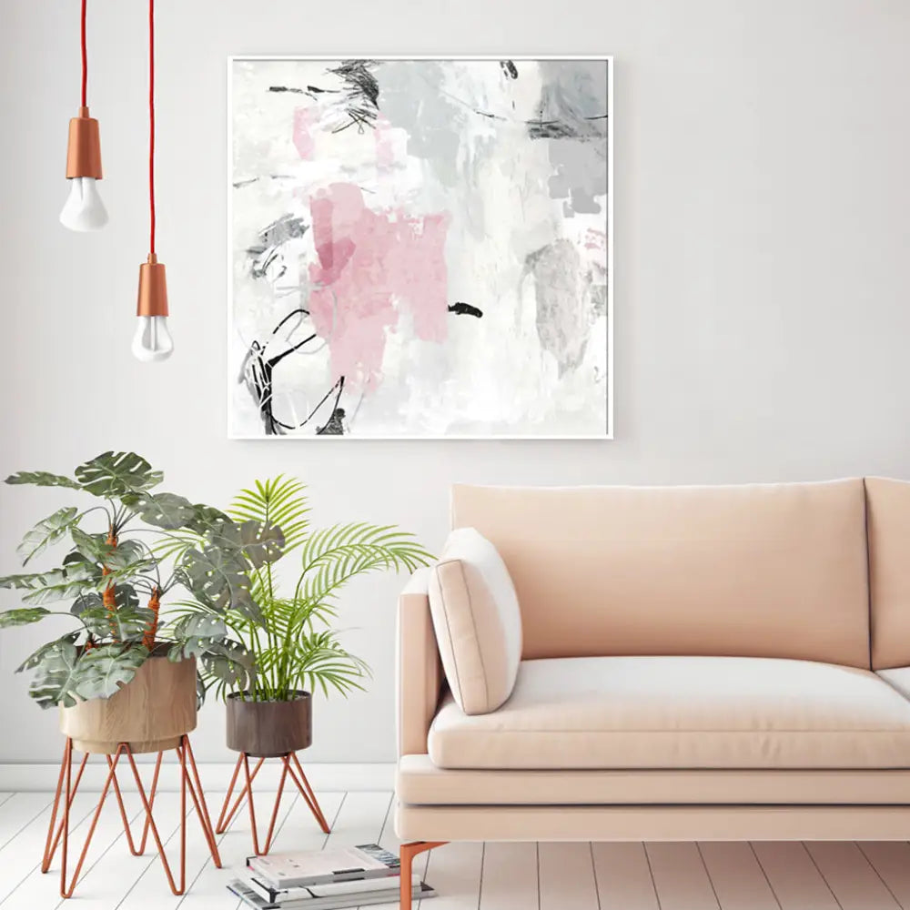 Wall Art 90cmx90cm Abstract Pink Grey 2 Sets White Frame Canvas - Home & Garden > Wall Art