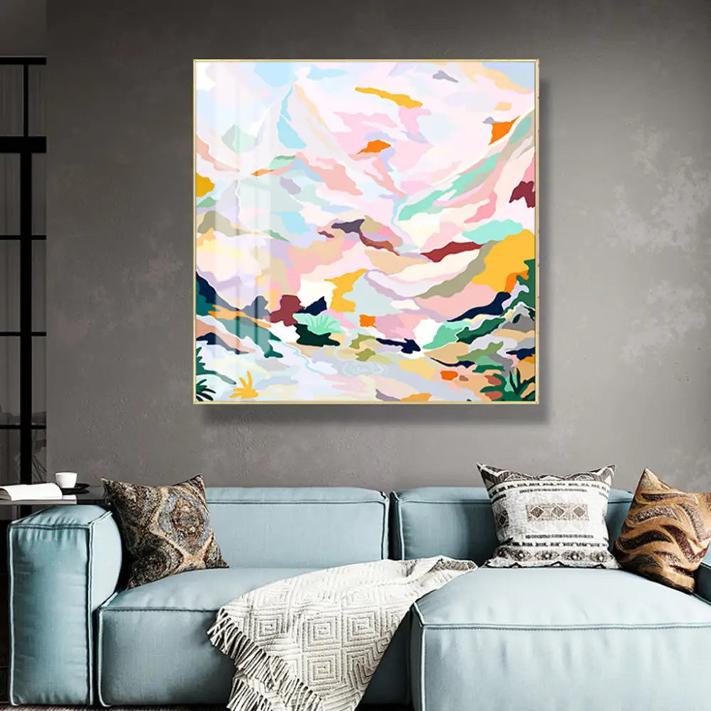 Wall Art 90cmx90cm Abstract Pink Mountain Hand Painted Style Gold Frame Canvas - Home & Garden > Wall Art
