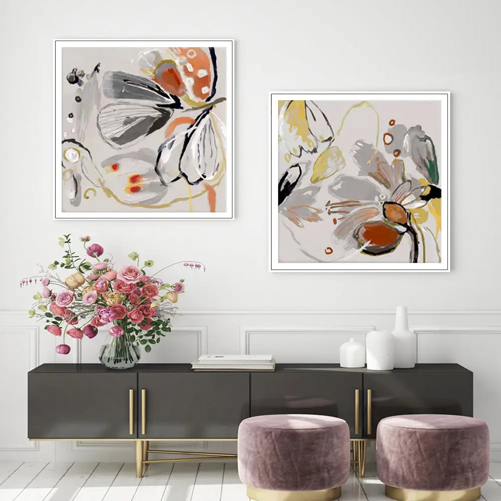 Wall Art 90cmx90cm Blooming Spring Floral 2 Sets White Frame Canvas - Home & Garden > Wall Art
