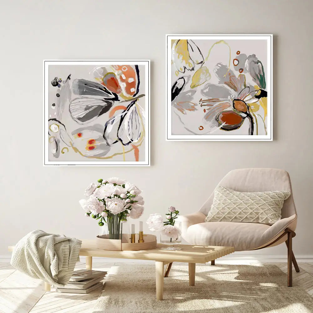 Wall Art 90cmx90cm Blooming Spring Floral 2 Sets White Frame Canvas - Home & Garden > Wall Art