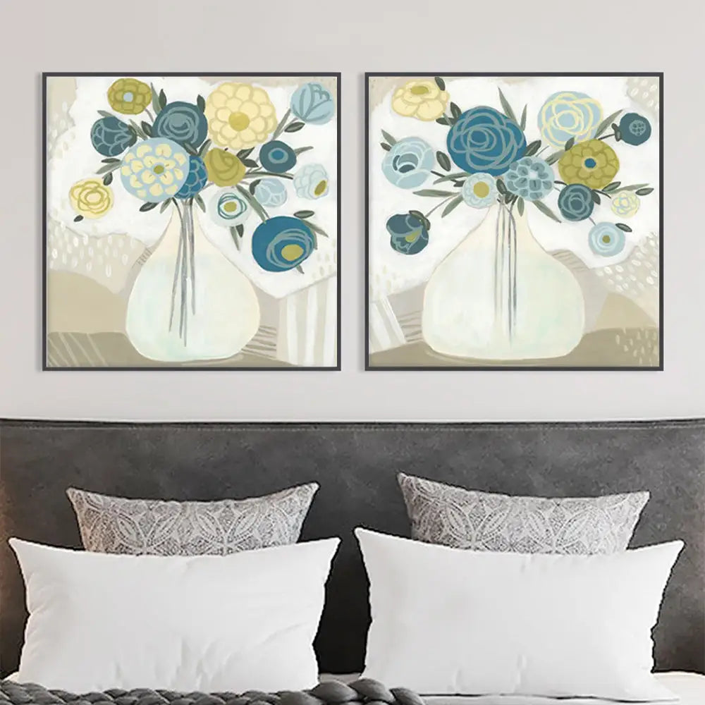 Wall Art 90cmx90cm Blue Bouquet 2 Sets Black Frame Canvas - Home & Garden > Wall Art