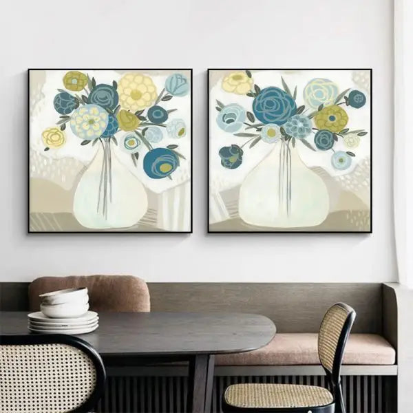 Wall Art 90cmx90cm Blue Bouquet 2 Sets Black Frame Canvas - Home & Garden > Wall Art