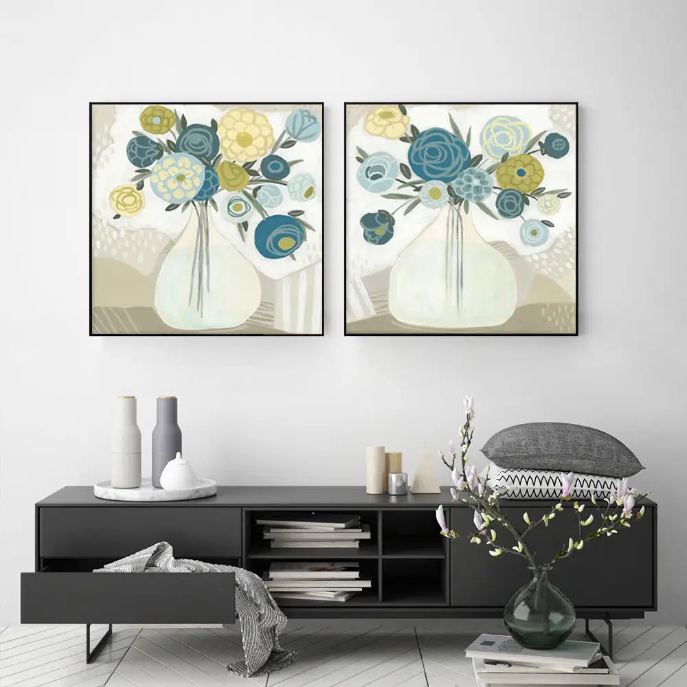Wall Art 90cmx90cm Blue Bouquet 2 Sets Black Frame Canvas - Home & Garden > Wall Art