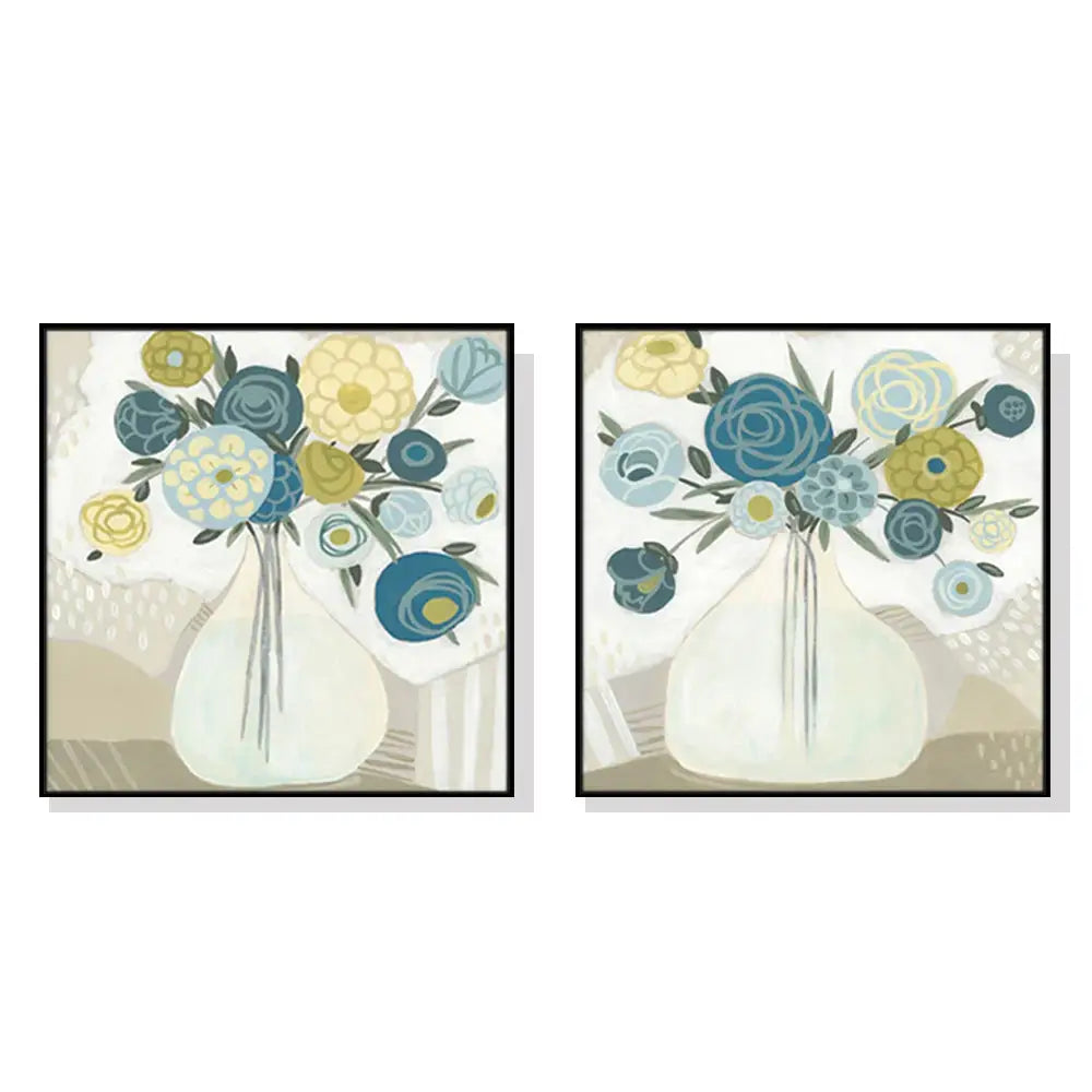 Wall Art 90cmx90cm Blue Bouquet 2 Sets Black Frame Canvas - Home & Garden > Wall Art