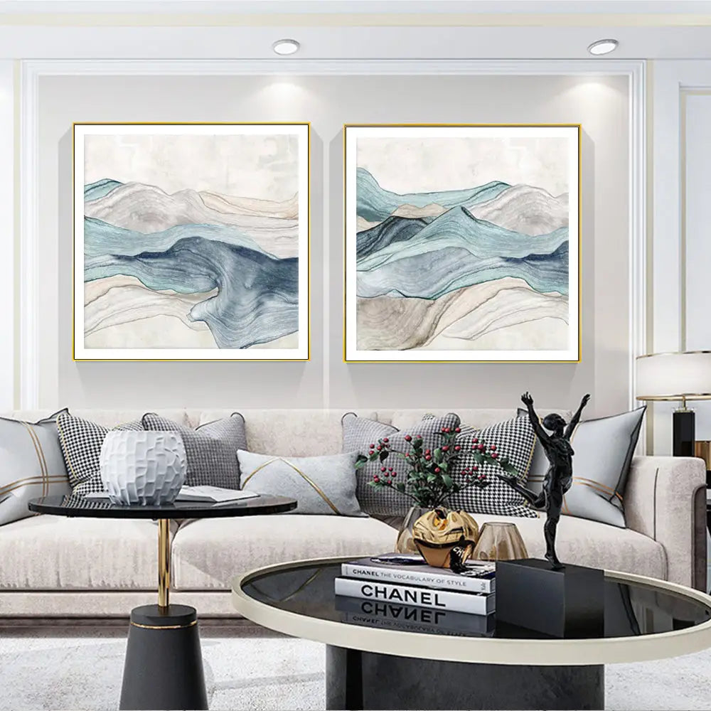 Wall Art 90cmx90cm Blue Mountain 2 Sets Gold Frame Canvas - Home & Garden > Wall Art