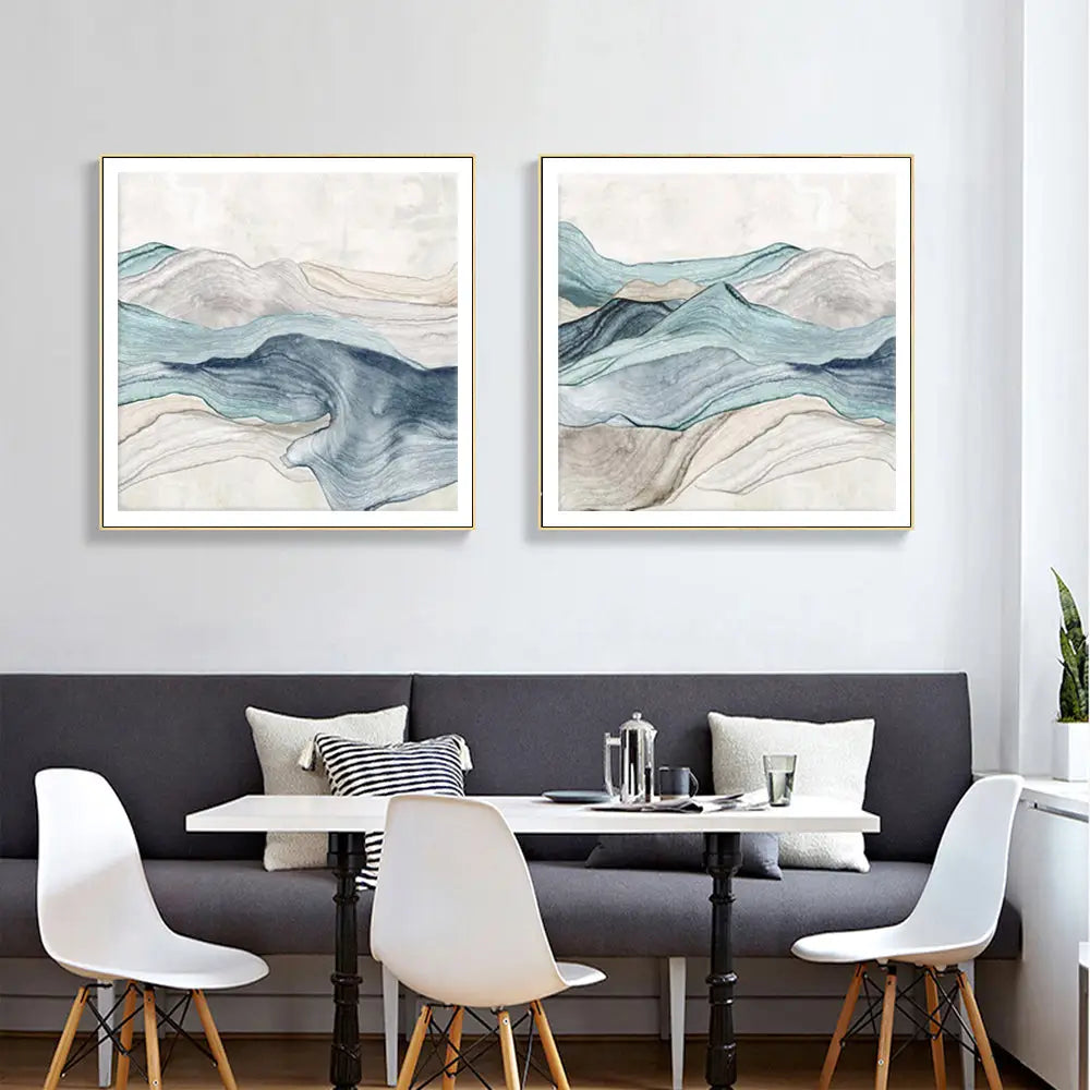 Wall Art 90cmx90cm Blue Mountain 2 Sets Gold Frame Canvas - Home & Garden > Wall Art