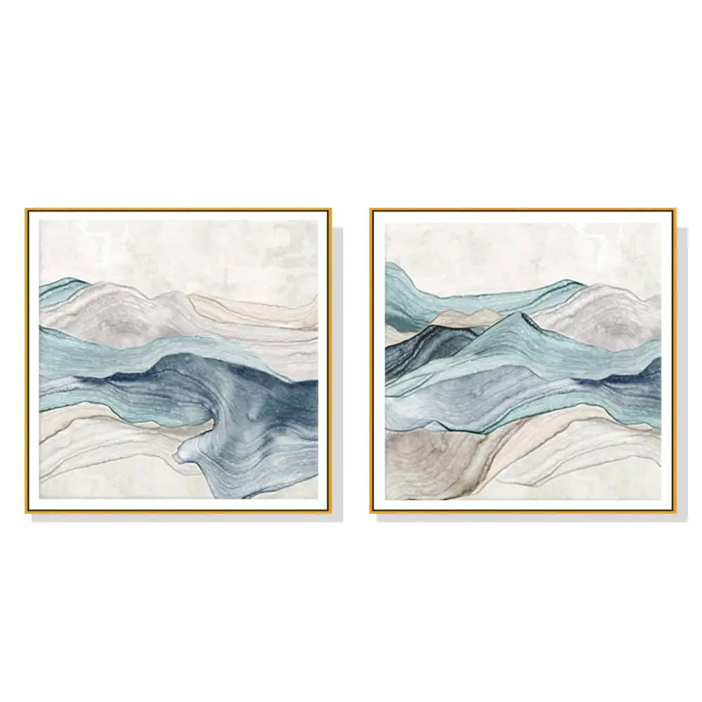 Wall Art 90cmx90cm Blue Mountain 2 Sets Gold Frame Canvas - Home & Garden > Wall Art