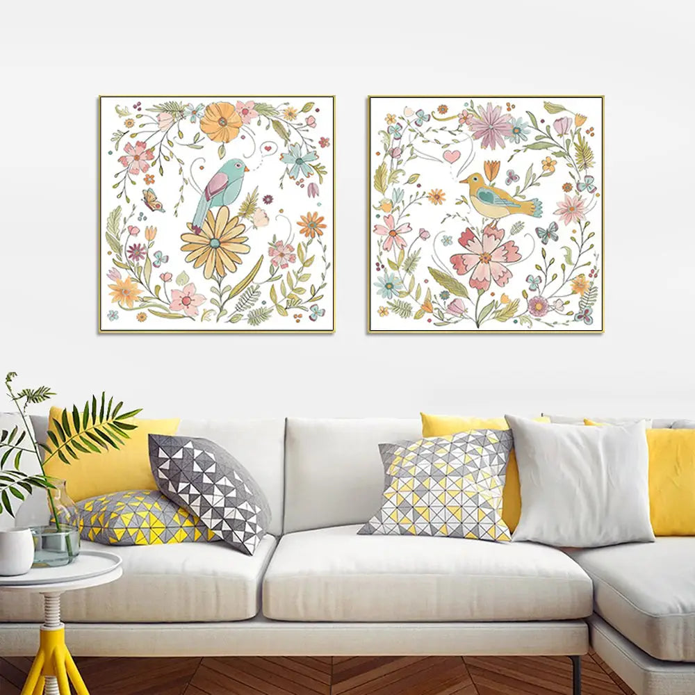 Wall Art 90cmx90cm Floral birds 2 Sets Gold Frame Canvas - Home & Garden > Wall Art