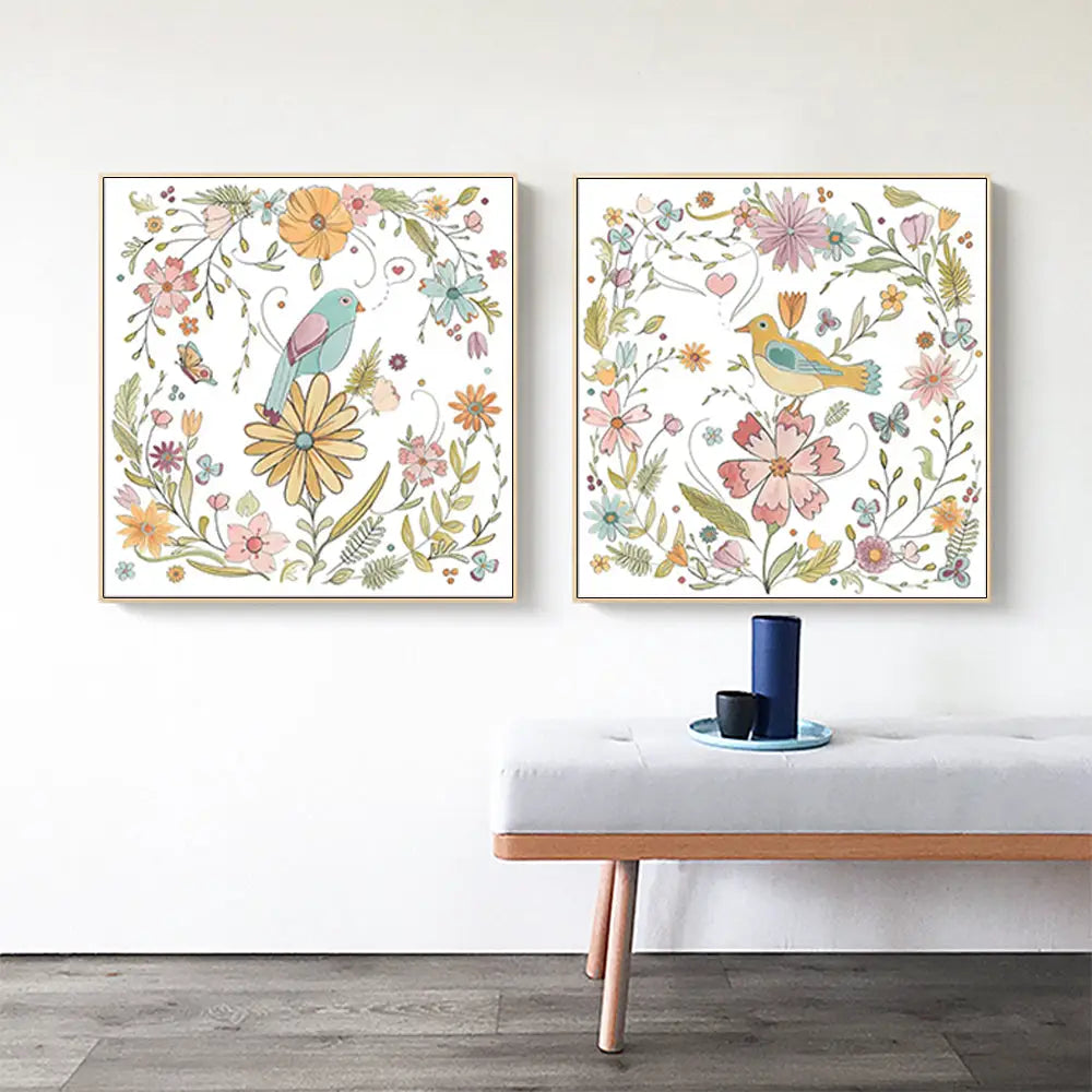 Wall Art 90cmx90cm Floral birds 2 Sets Gold Frame Canvas - Home & Garden > Wall Art