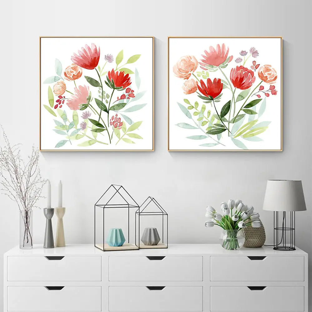 Wall Art 90cmx90cm Florals 2 Sets Gold Frame Canvas - Home & Garden > Wall Art
