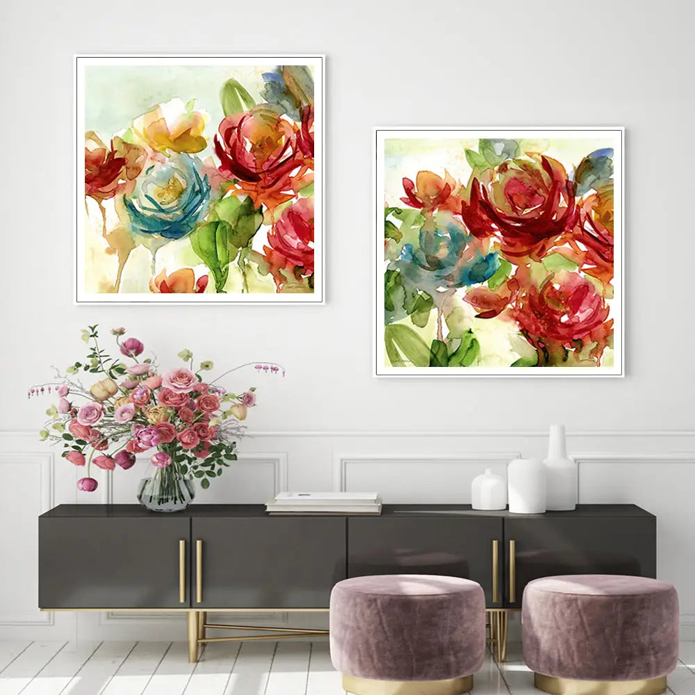Wall Art 90cmx90cm Rosewater Garden By Carol Robinson 2 Sets White Frame Canvas - Home & Garden > Wall Art