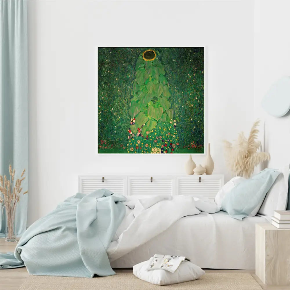 Wall Art 90cmx90cm Sunflower by Gustav Klimt White Frame Canvas - Home & Garden > Wall Art