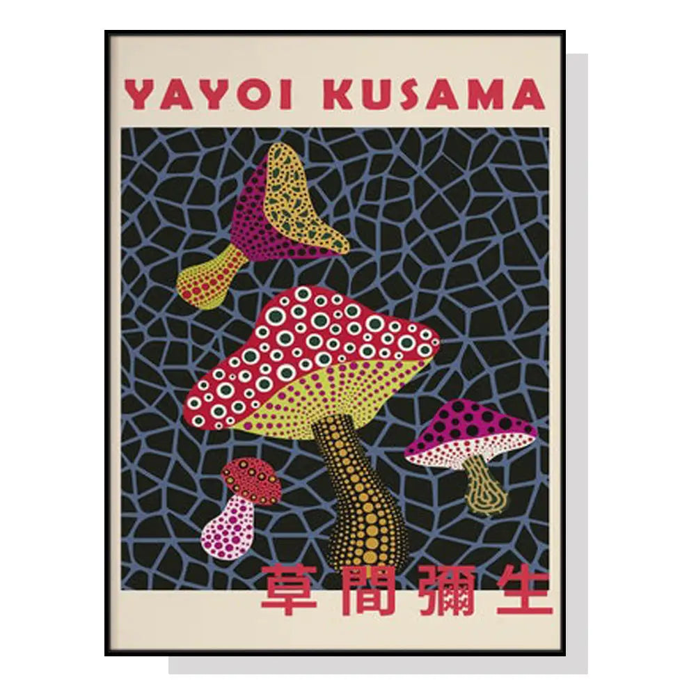 Wall Art Mushroom By Yayoi Kusama Black Frame Canvas 60cmx90cm - Home & Garden > Wall Art