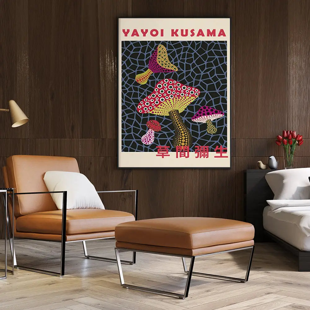 Wall Art Mushroom By Yayoi Kusama Black Frame Canvas 70cmx100cm - Home & Garden > Wall Art