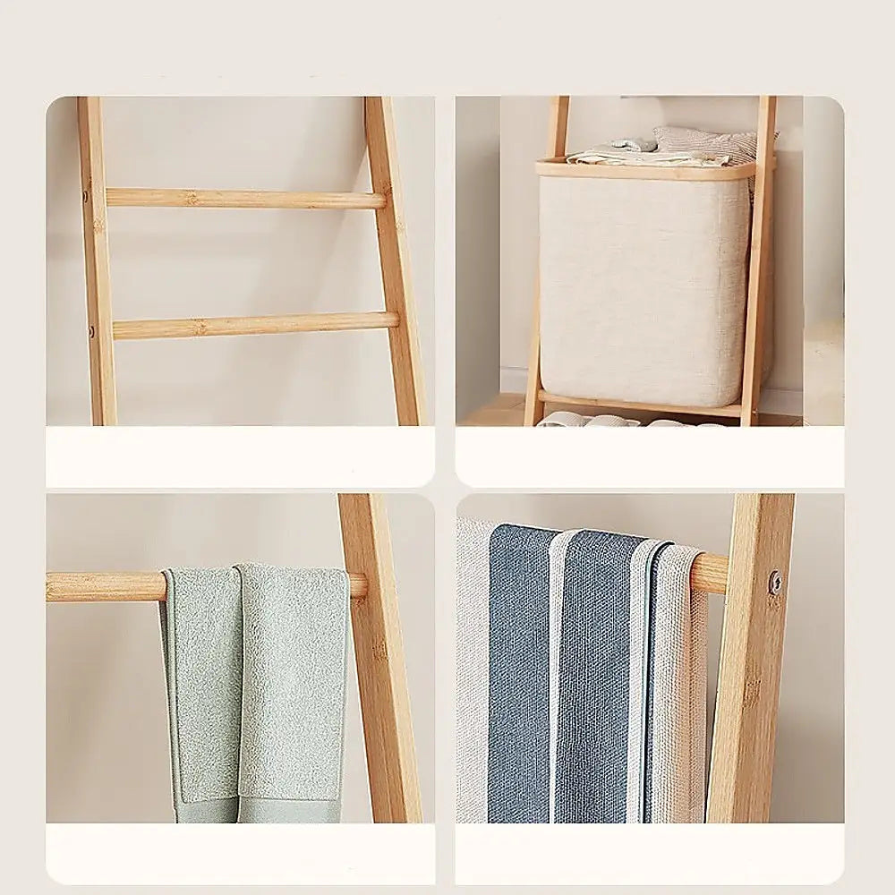 Wall Leaning Ladder Shelf with Laundry Basket Clothes Hamper Bath Towel Rack - Furniture > Office