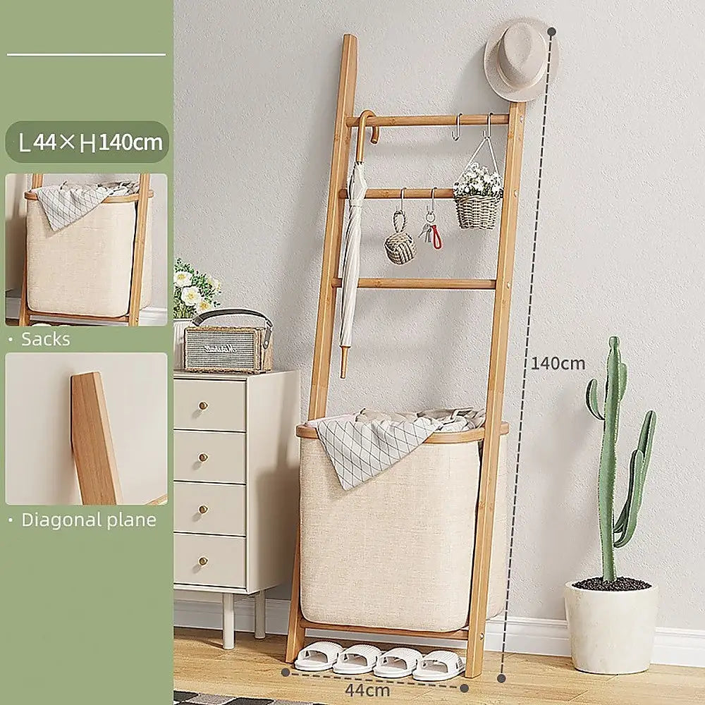 Wall Leaning Ladder Shelf with Laundry Basket Clothes Hamper Bath Towel Rack - Furniture > Office