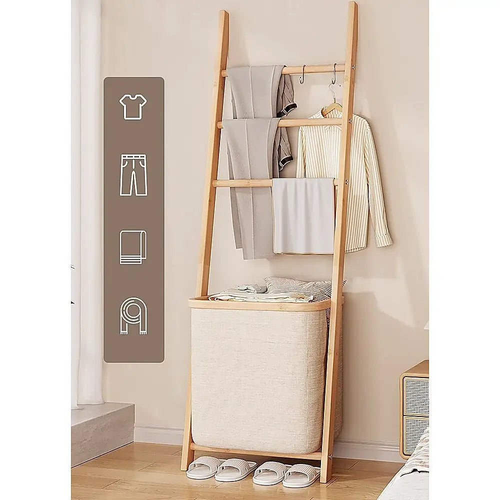 Wall Leaning Ladder Shelf with Laundry Basket Clothes Hamper Bath Towel Rack - Furniture > Office