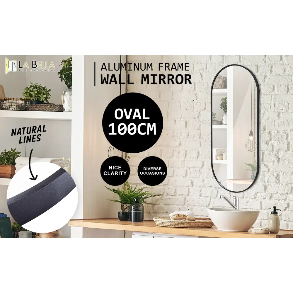 Wall Mirror Oval Aluminum Frame Bathroom 45x100cm BLACK - Home & Garden > Decor > Mirrors