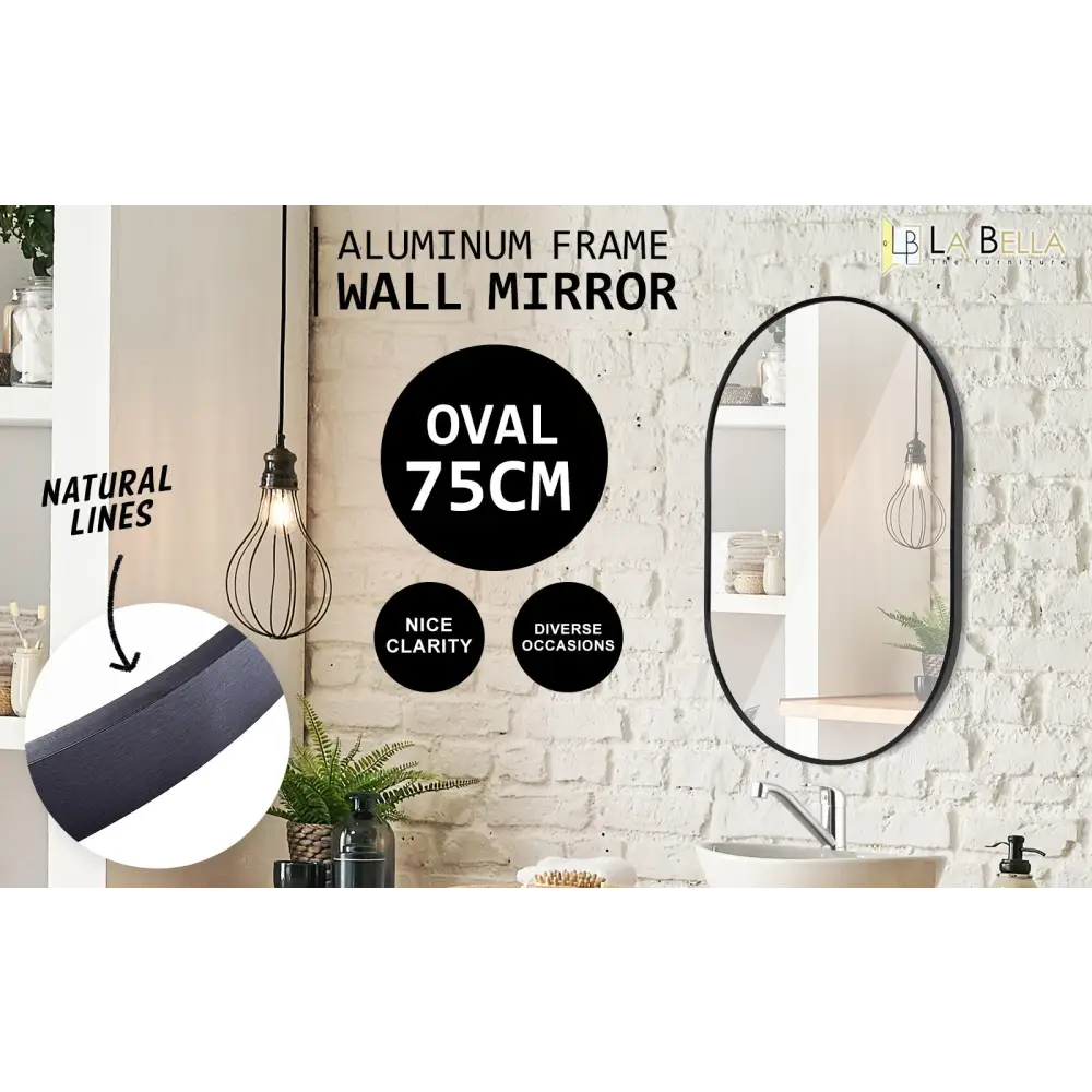 Wall Mirror Oval Aluminum Frame Bathroom 50x75cm BLACK - Home & Garden > Decor > Mirrors