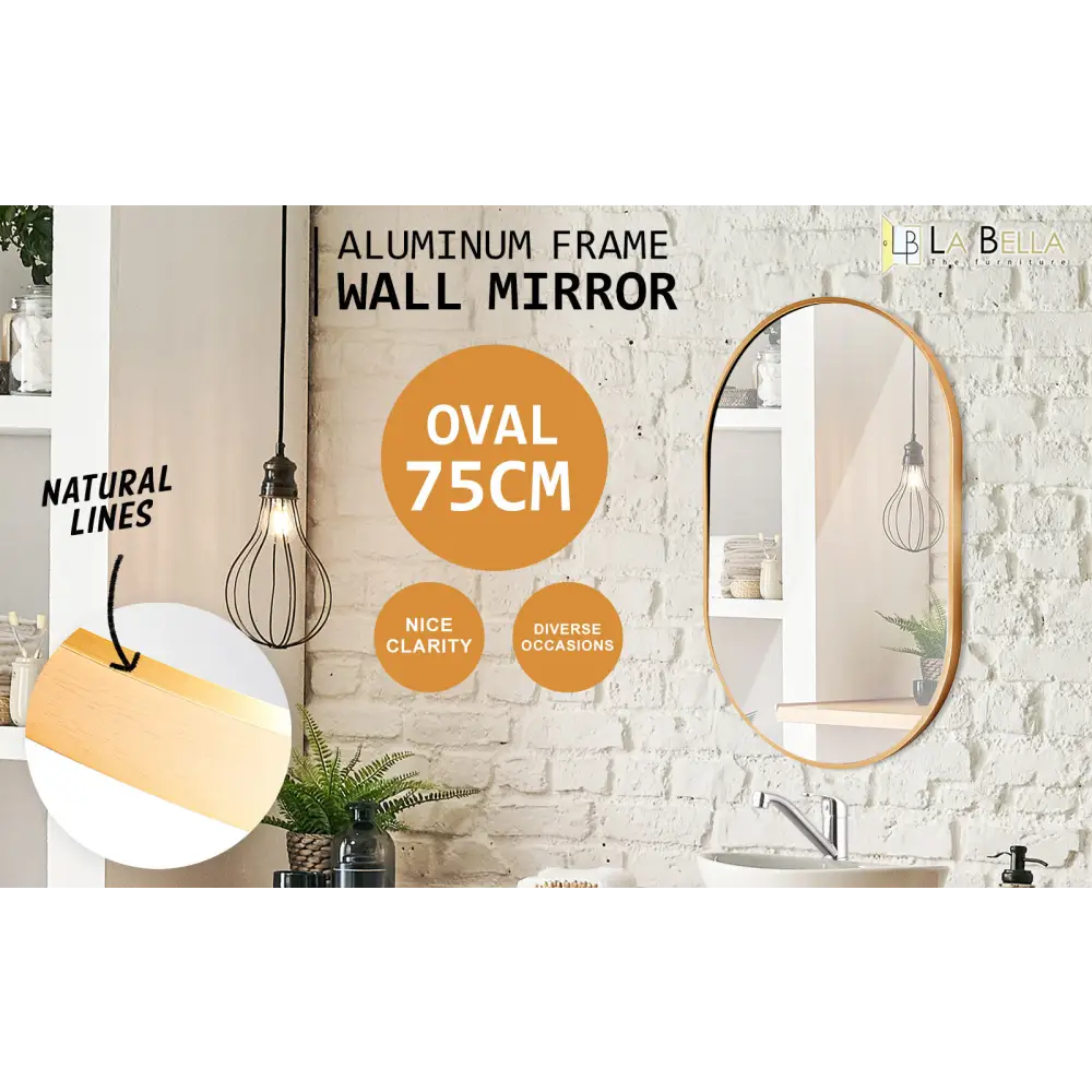 Wall Mirror Oval Aluminum Frame Bathroom 50x75cm GOLD - Home & Garden > Decor > Mirrors