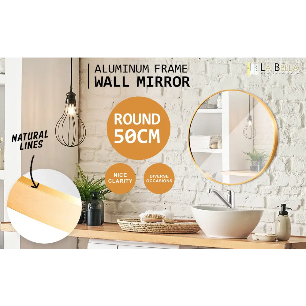 Wall Mirror Round Aluminum Frame Bathroom 50cm GOLD - Home & Garden > Decor > Mirrors